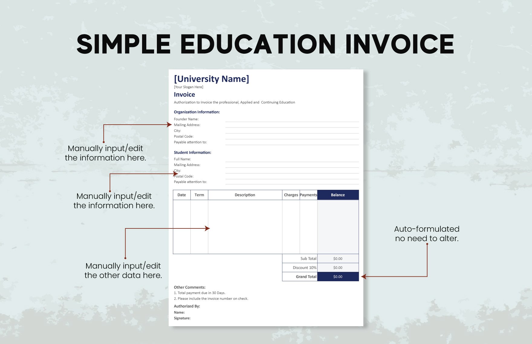 Simple Education Invoice Template