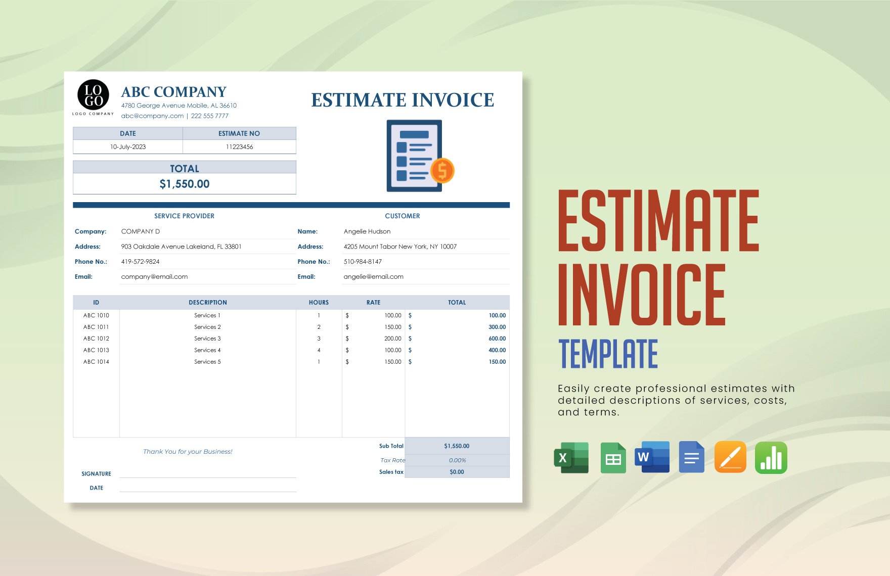 Free Estimate Invoice Template in Word, Google Docs, Excel, Google Sheets, Apple Pages, Apple Numbers