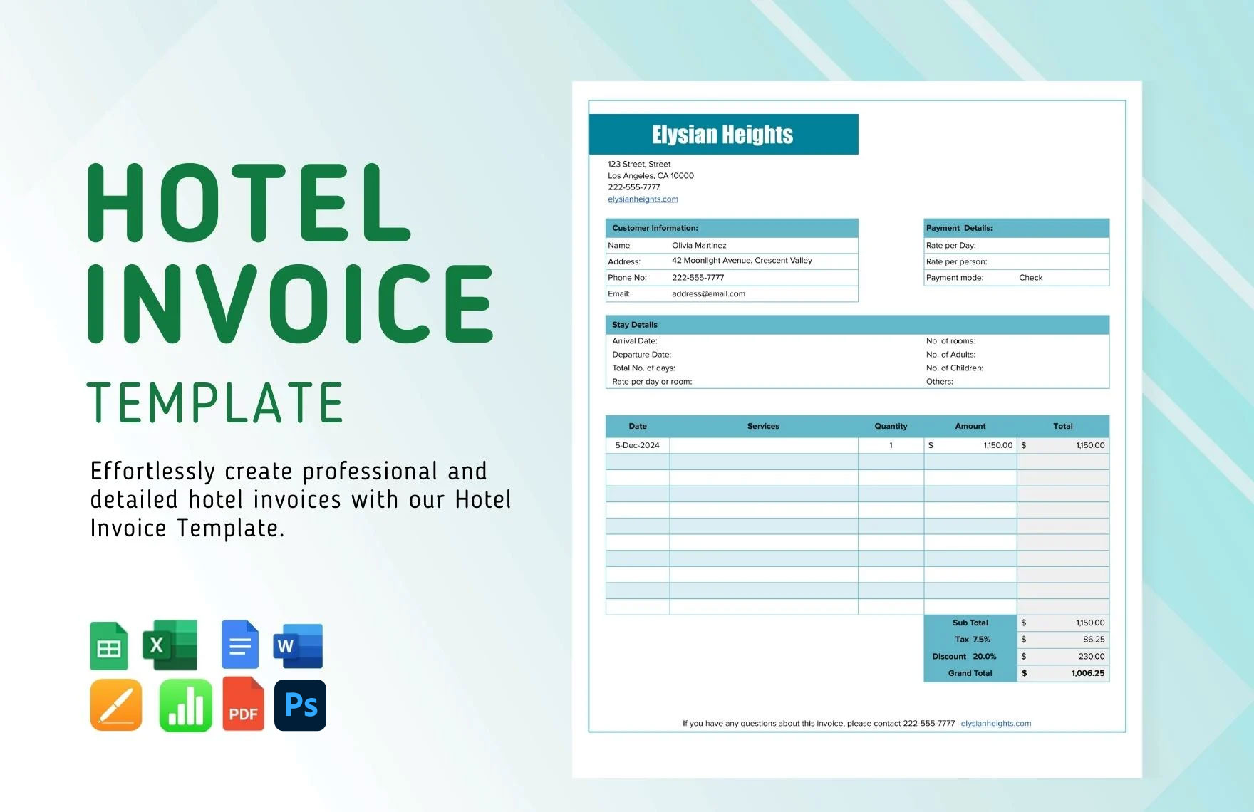 Hotel Invoice Template in Apple Numbers, Pages, Word, PDF, Google Docs, Excel, Google Sheets, PSD - Download | Template.net