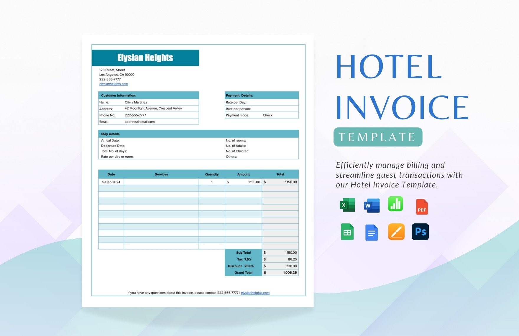 Hotel Invoice Template in Word, Google Docs, Excel, PDF, Google Sheets, PSD, Apple Pages, Apple Numbers
