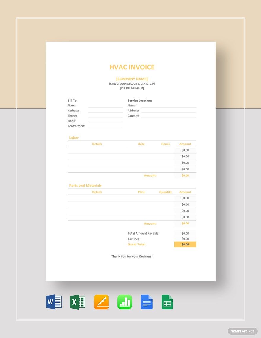 HVAC Invoice Template in Word, Google Docs, Excel, Google Sheets, Apple Pages, Apple Numbers