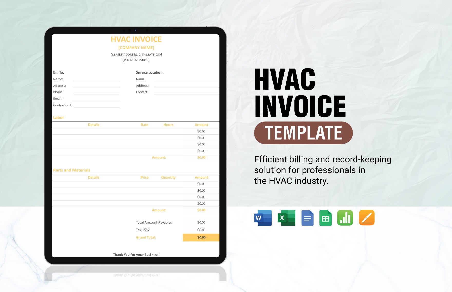 HVAC Invoice Template in Word, Google Docs, Excel, Google Sheets, Apple Pages, Apple Numbers