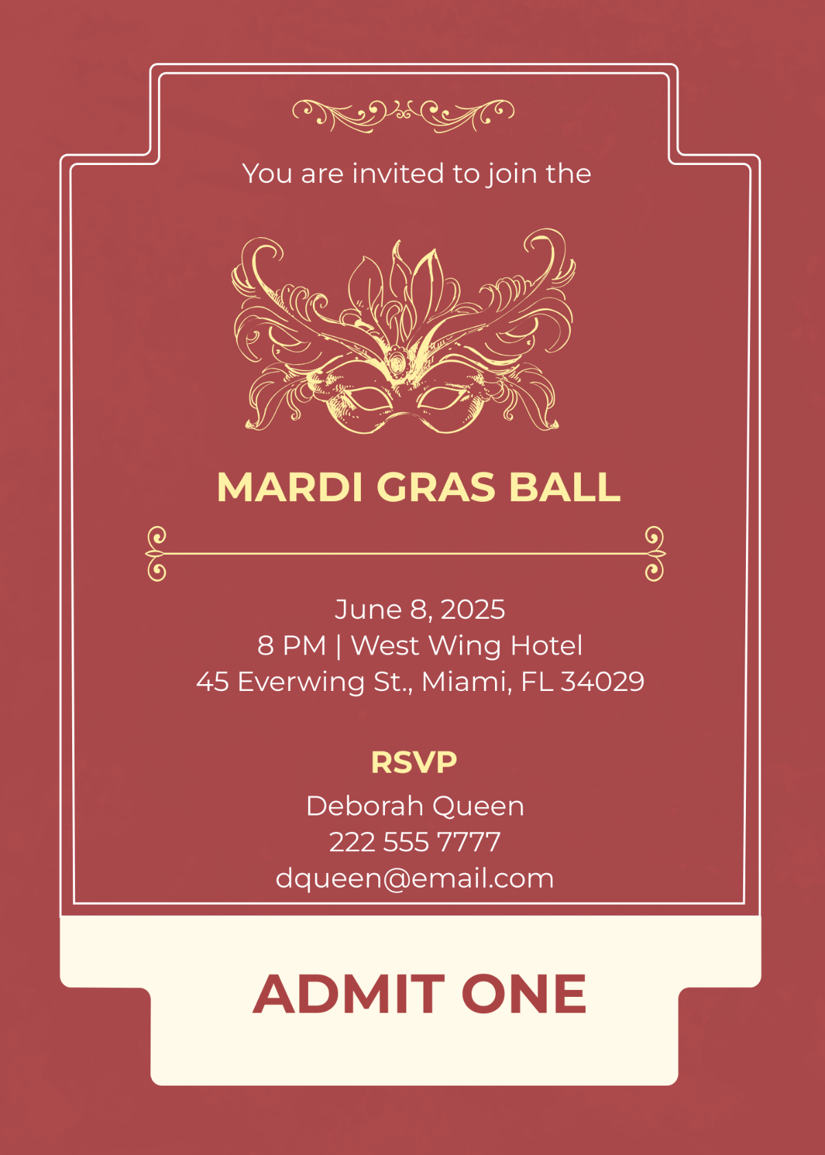 Mardi Gras Style Ticket Invitation