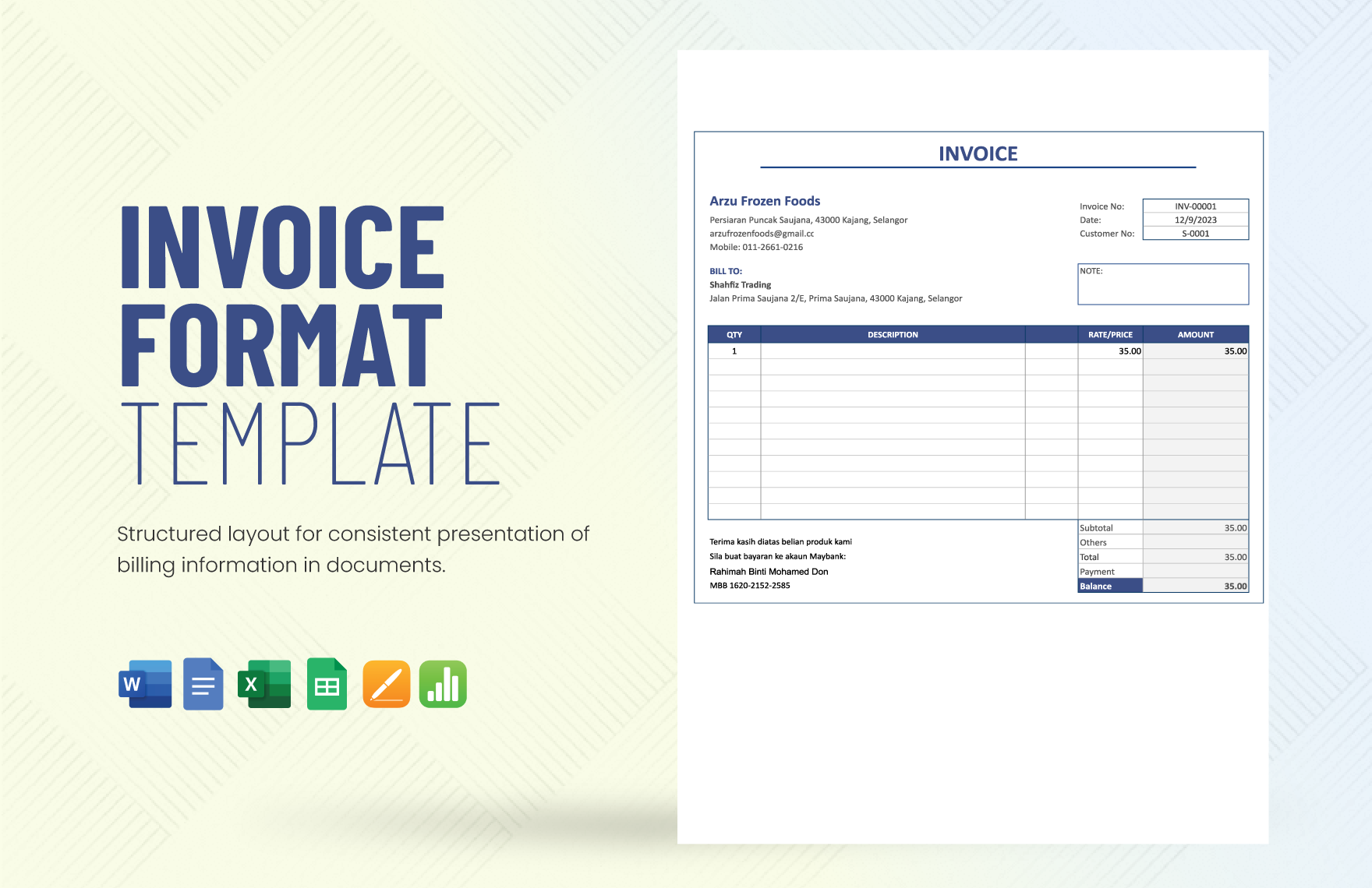 Free Invoice Format Template in Word, Google Docs, Excel, Google Sheets, Apple Pages, Apple Numbers