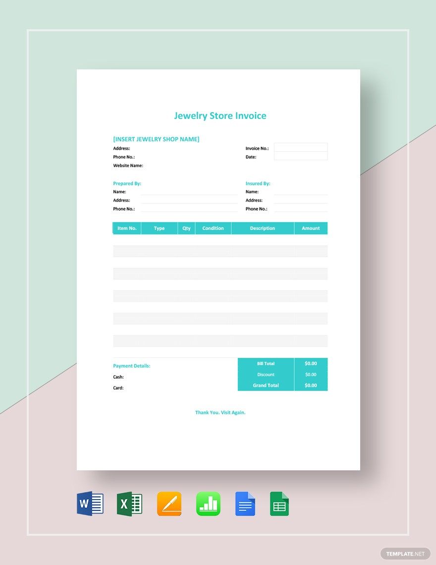 Jewelry Store Invoice Template in Excel Pages Numbers Word Google