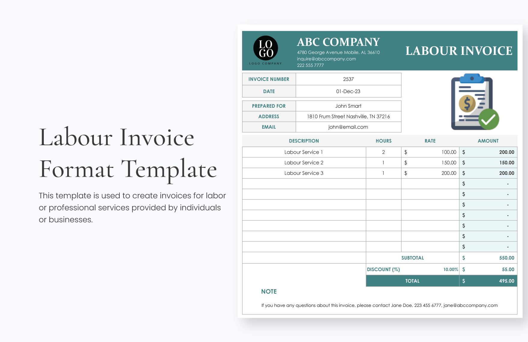 Labour Invoice Format Template