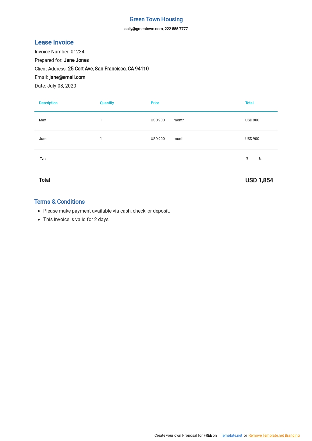 commercial lease invoice template