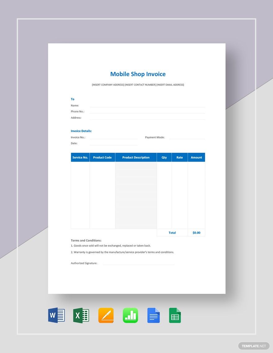 Mobile Shop Invoice Template in Excel Word Apple Numbers Pages