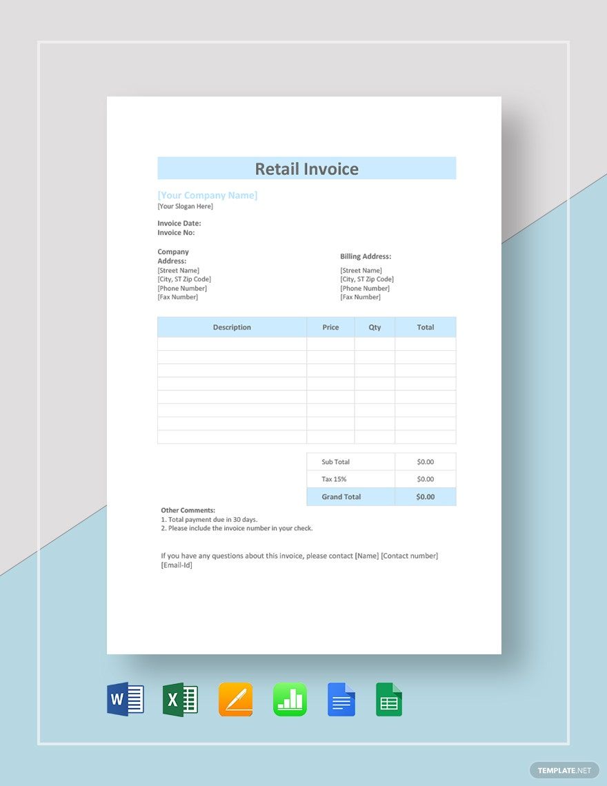 Simple Retail Invoice Template in Word, Google Docs, Excel, Google Sheets, Apple Pages, Apple Numbers