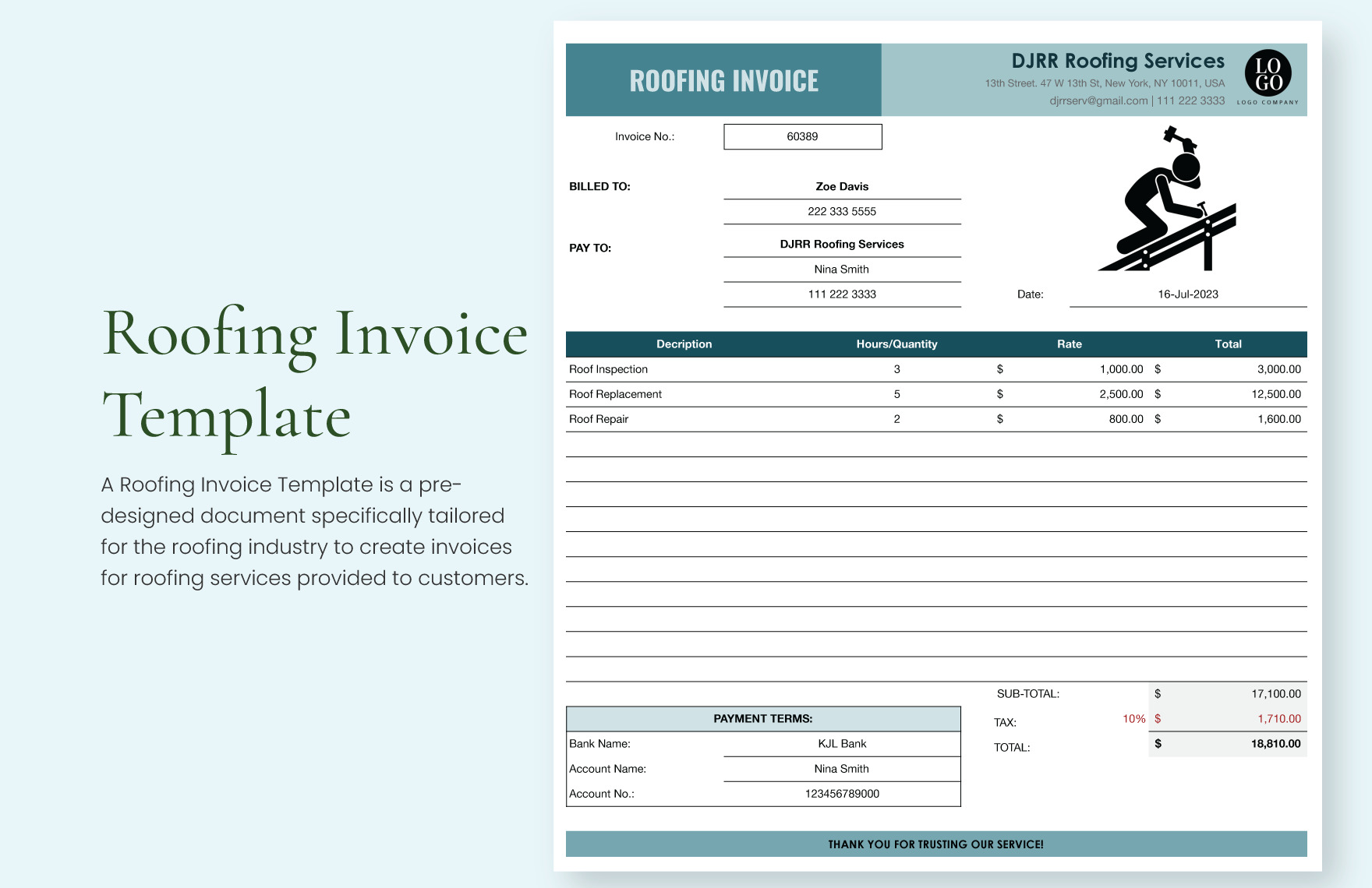 Roofing Invoice Template in Word, Google Docs, Excel, Google Sheets, Apple Pages, Apple Numbers
