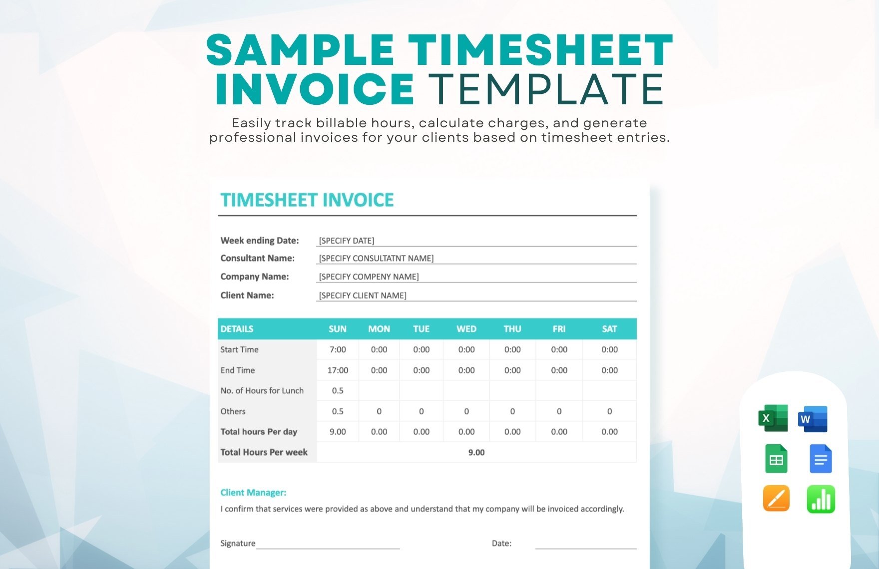 Free Sample Timesheet Invoice Template in Word, Google Docs, Excel, Google Sheets, Apple Pages, Apple Numbers