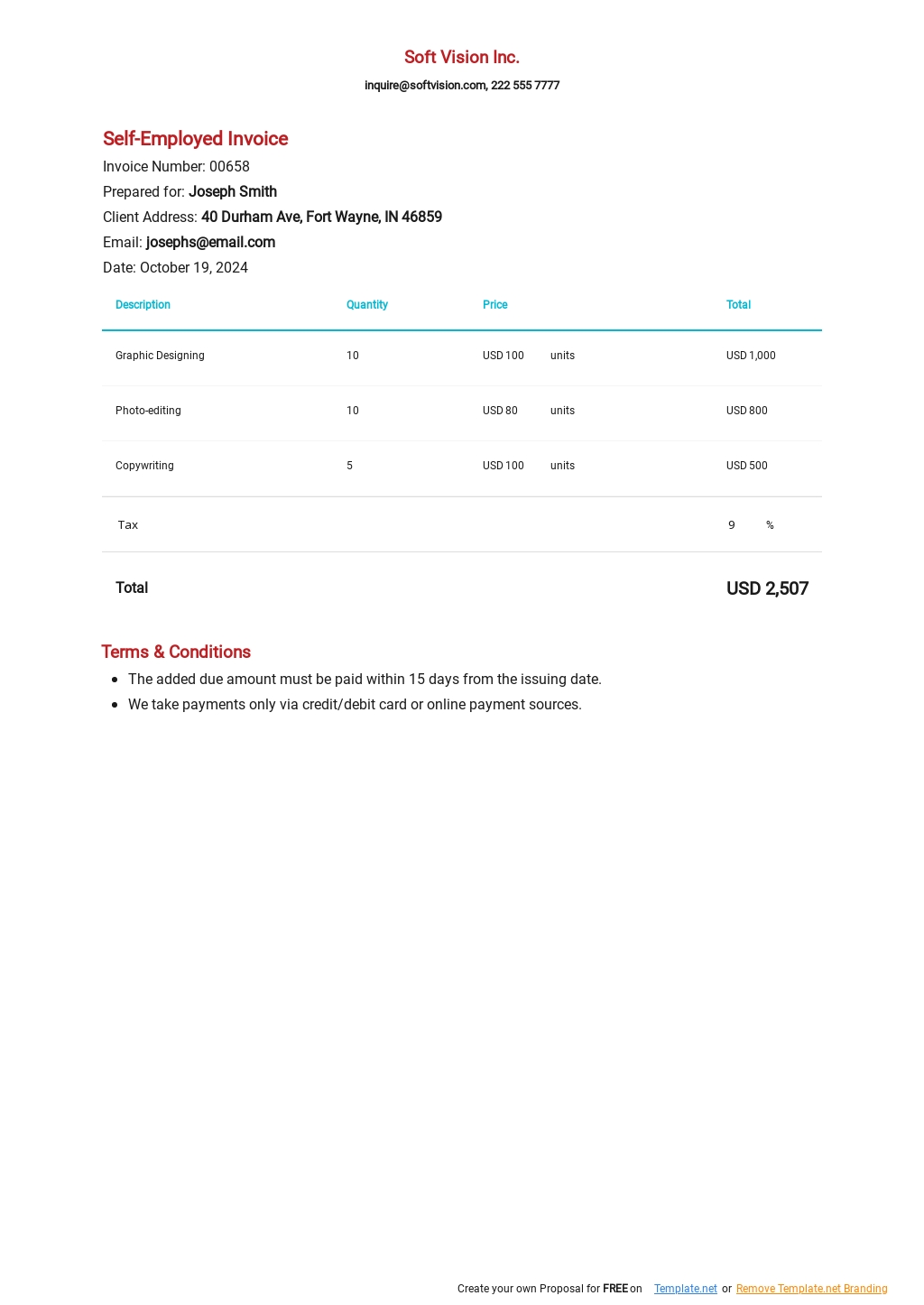 self employed simple invoice template