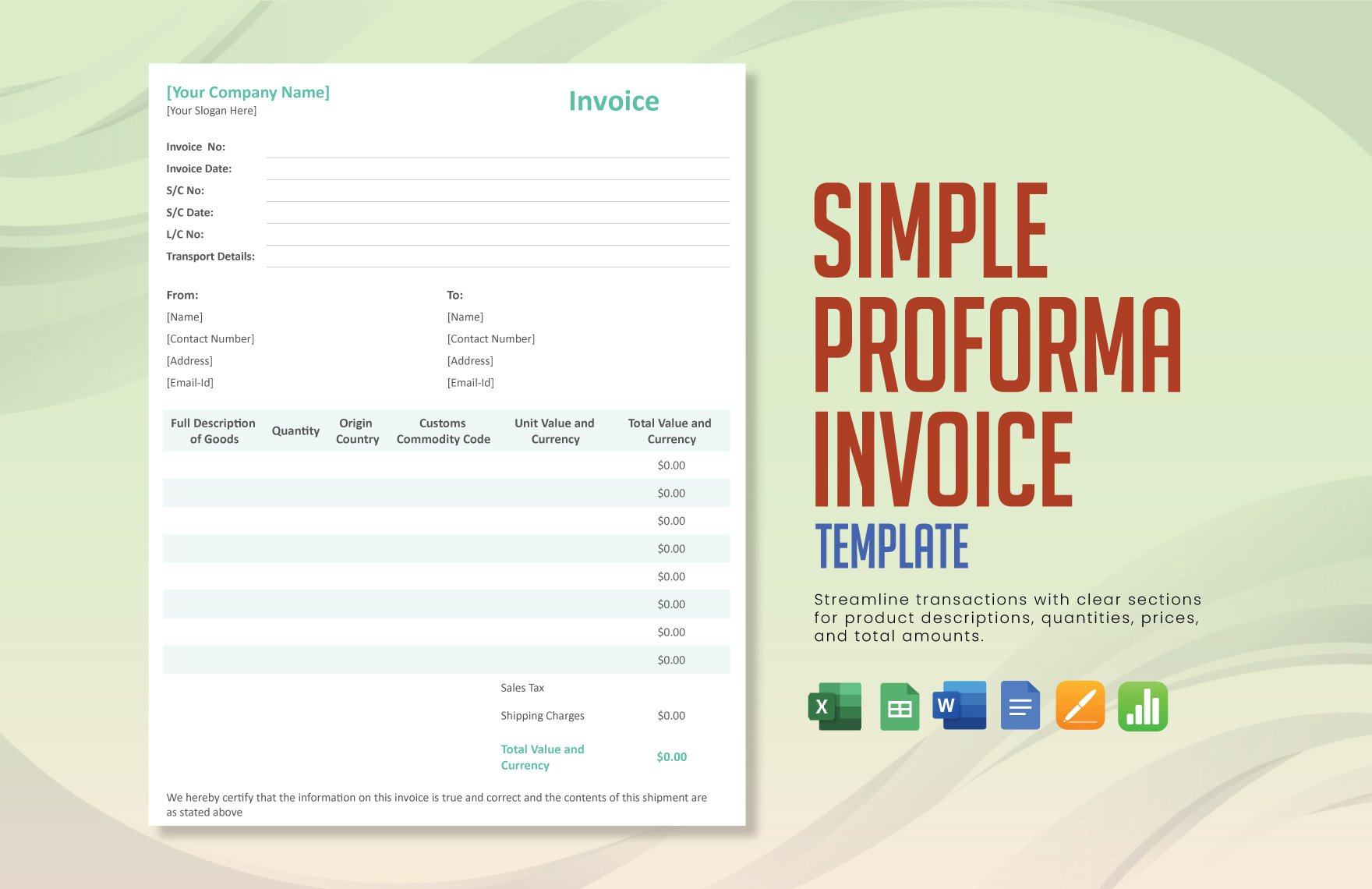 Simple Proforma Invoice Template in Word, Google Docs, Excel, Google Sheets, Apple Pages, Apple Numbers