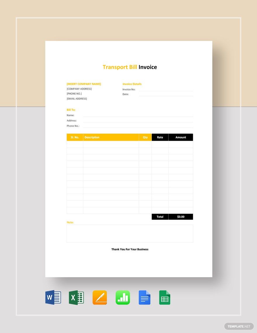 Transport Bill Invoice Template in Numbers Word Excel Pages Google