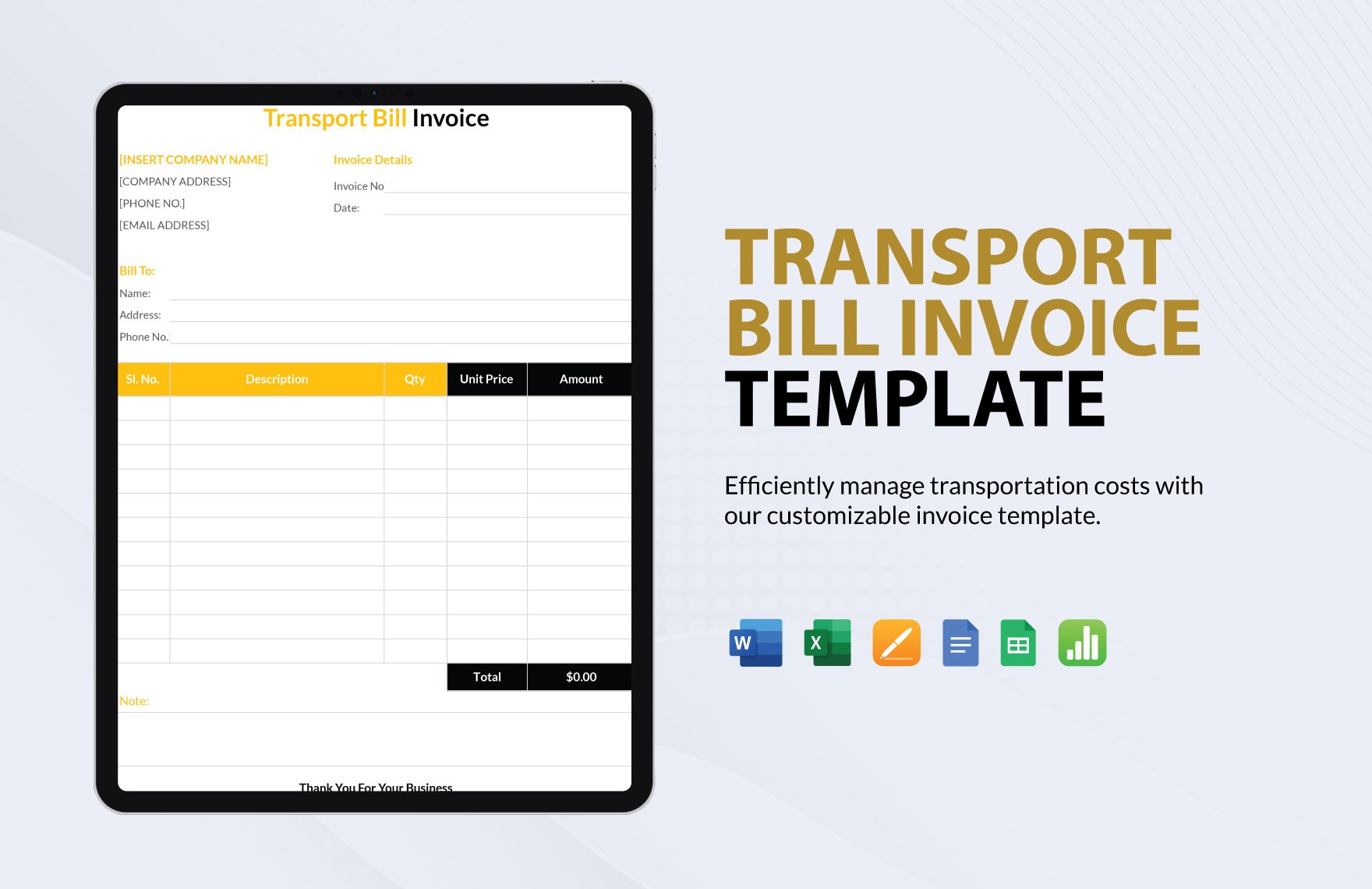 Transport Bill Invoice Template in Word, Google Docs, Excel, Google Sheets, Apple Pages, Apple Numbers