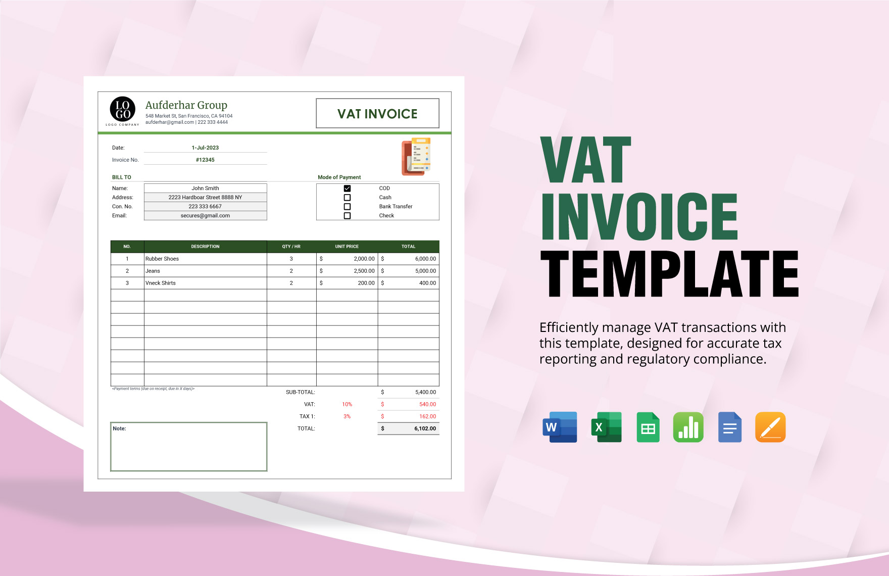 VAT Invoice Template in Word, Google Docs, Excel, Google Sheets, Apple Pages, Apple Numbers