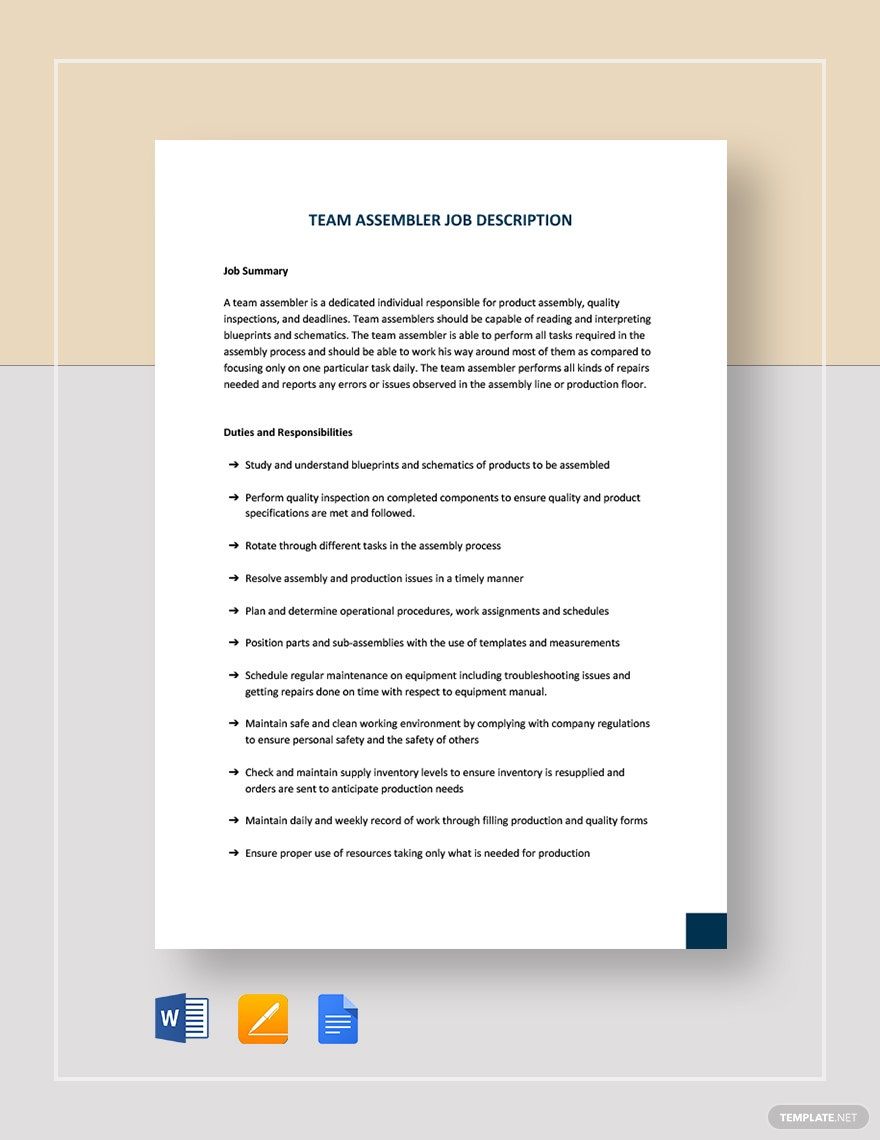 Team Assembler Job Description in Pages, PDF, Word, Google Docs - Download | Template.net