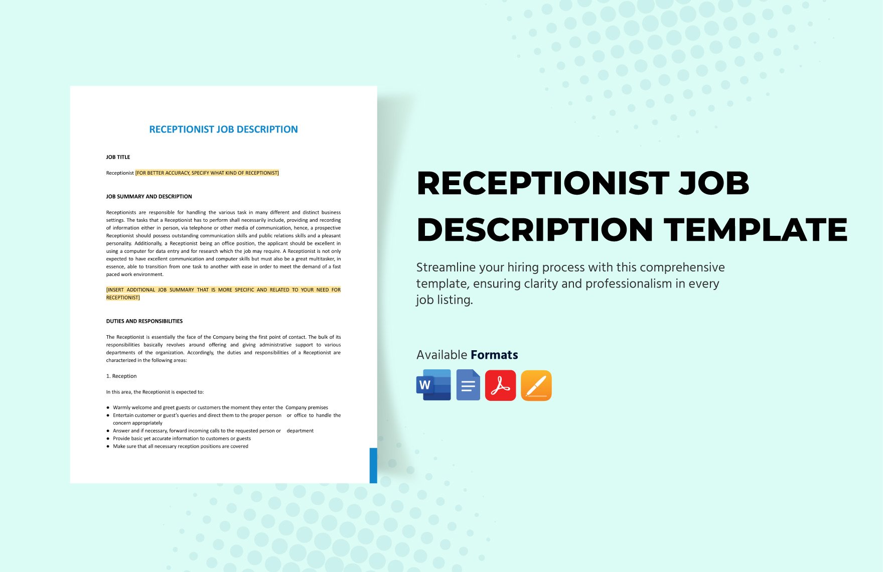Receptionist Job Description in Word, Google Docs, PDF, Apple Pages