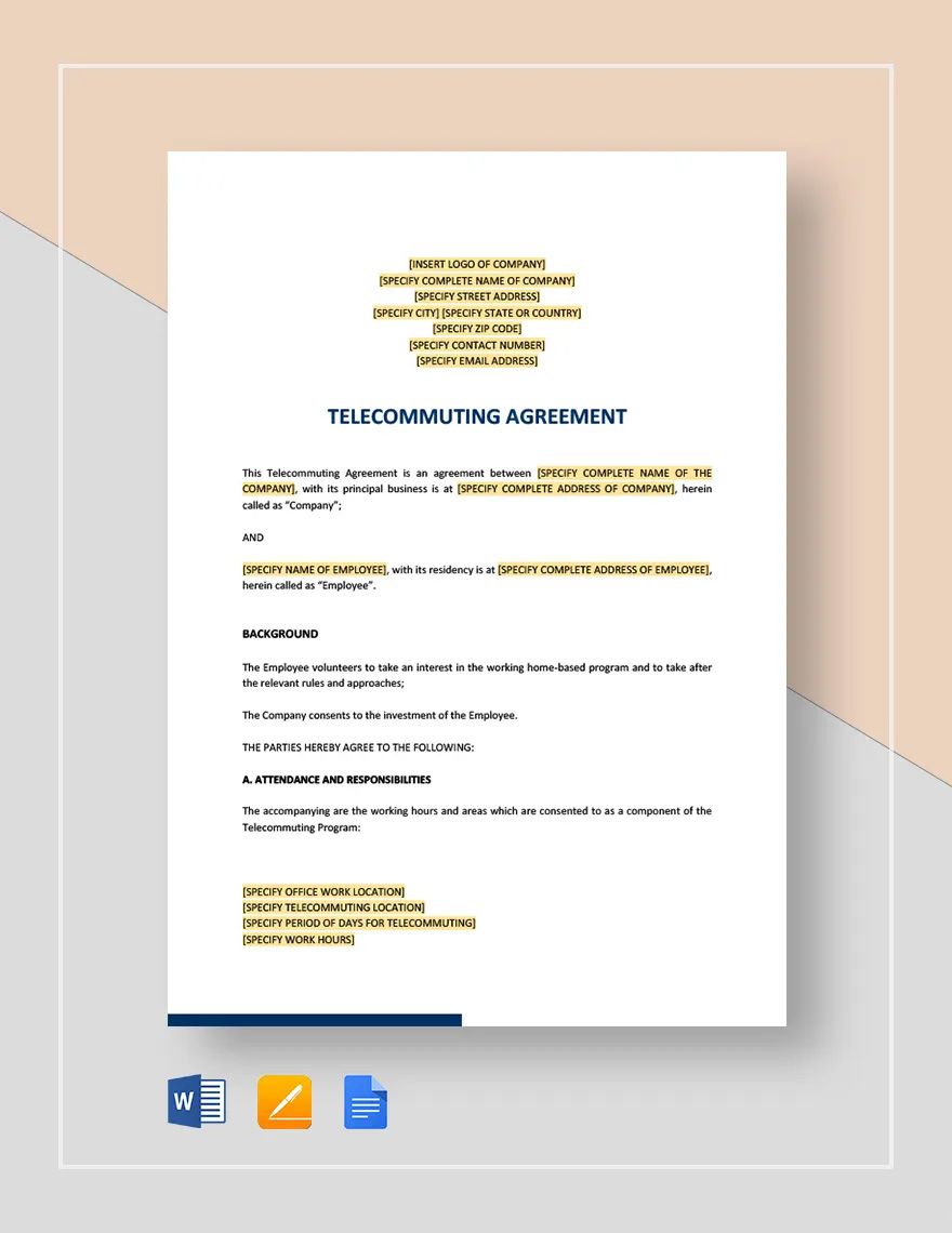 Telecommuting Agreement Template in Word, Google Docs, Apple Pages