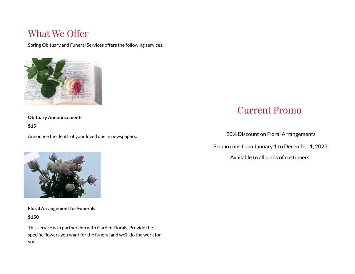 Free Floral Obituary Bi-fold Brochure Template to Edit Online