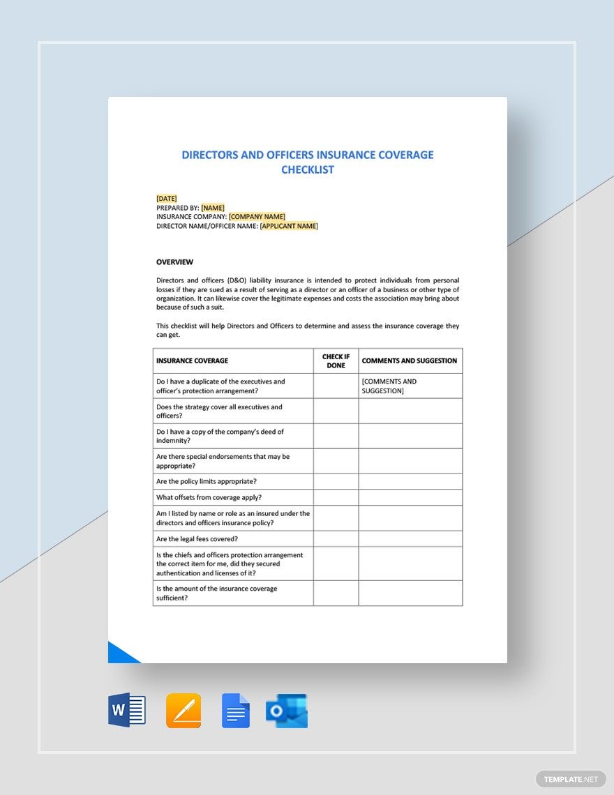 Directors And Officers Insurance Checklist Template