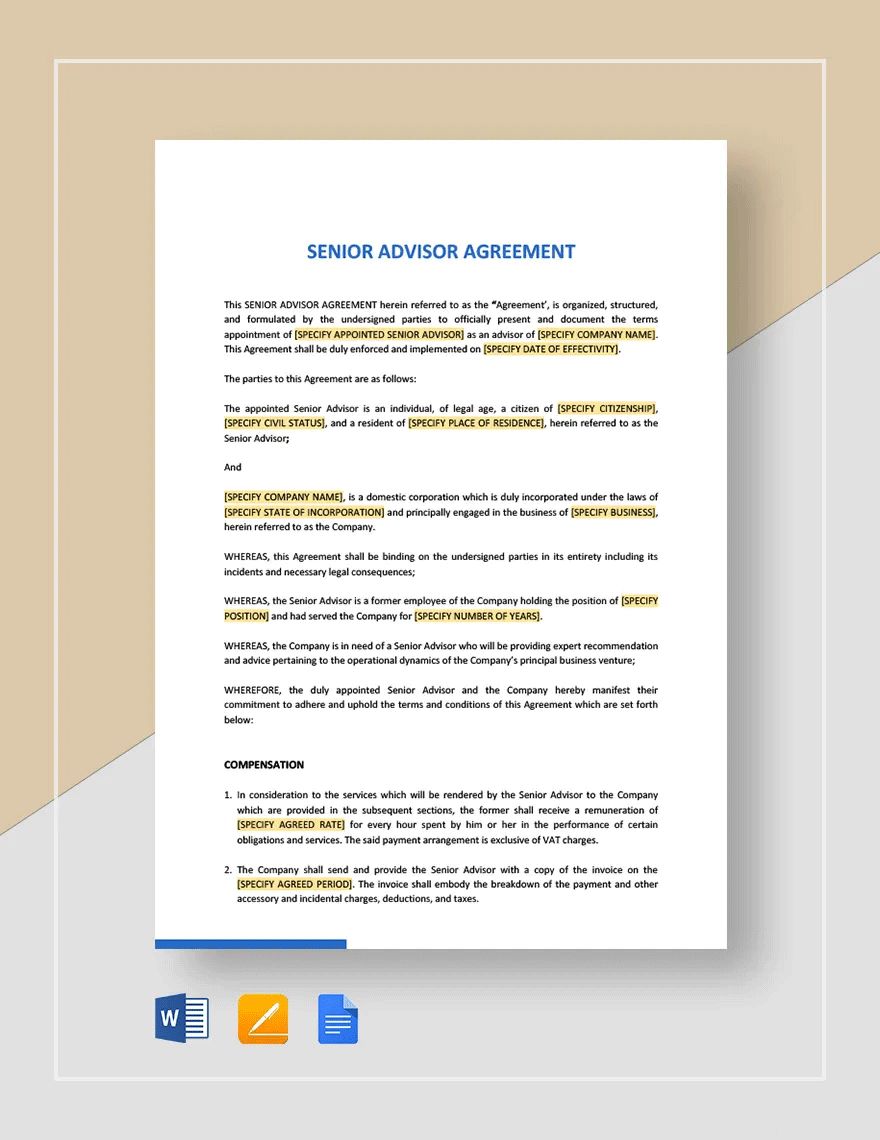 Senior Advisor Agreement Template in Word, Google Docs, Apple Pages