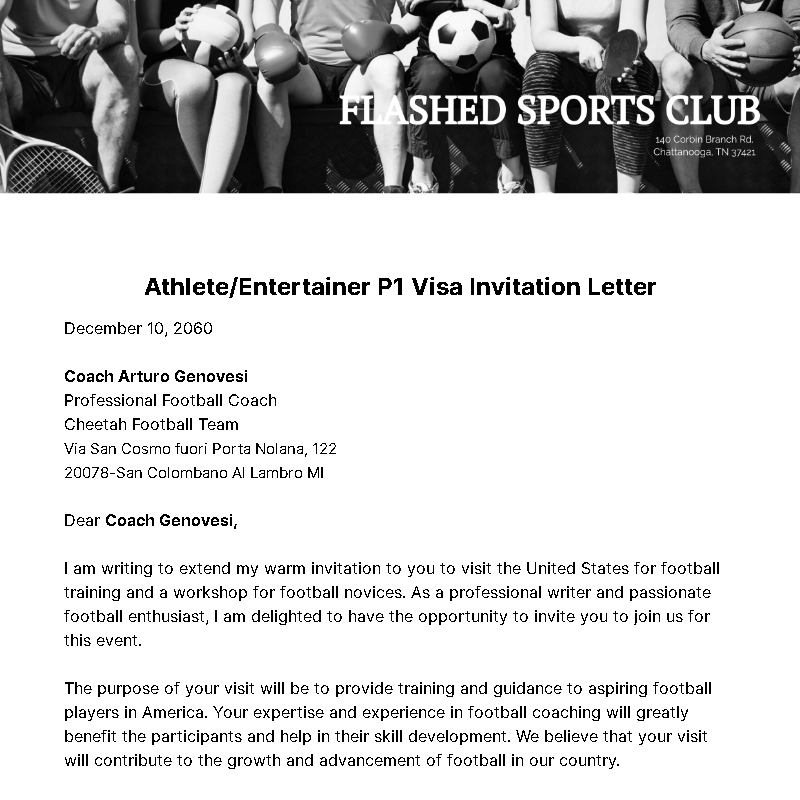 Athlete/Entertainer P1 Visa Invitation Letter Template - Edit Online & Download