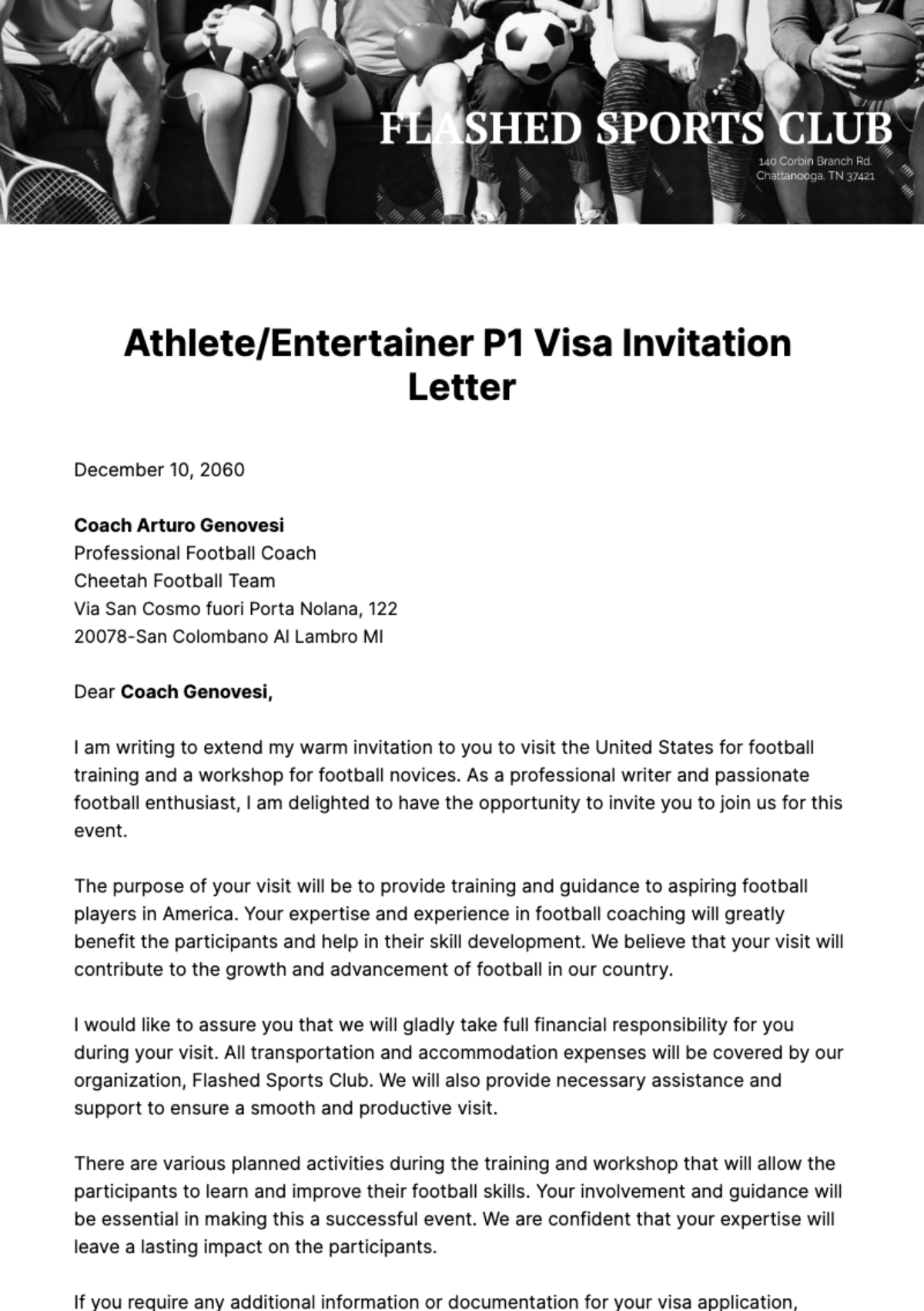 Free Athlete/Entertainer P1 Visa Invitation Letter Template