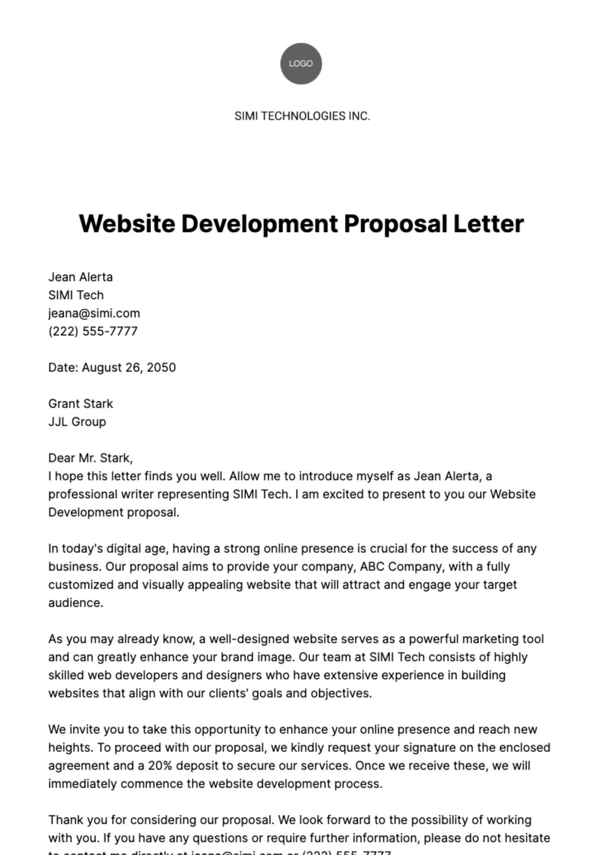 Website Development Proposal Letter Template