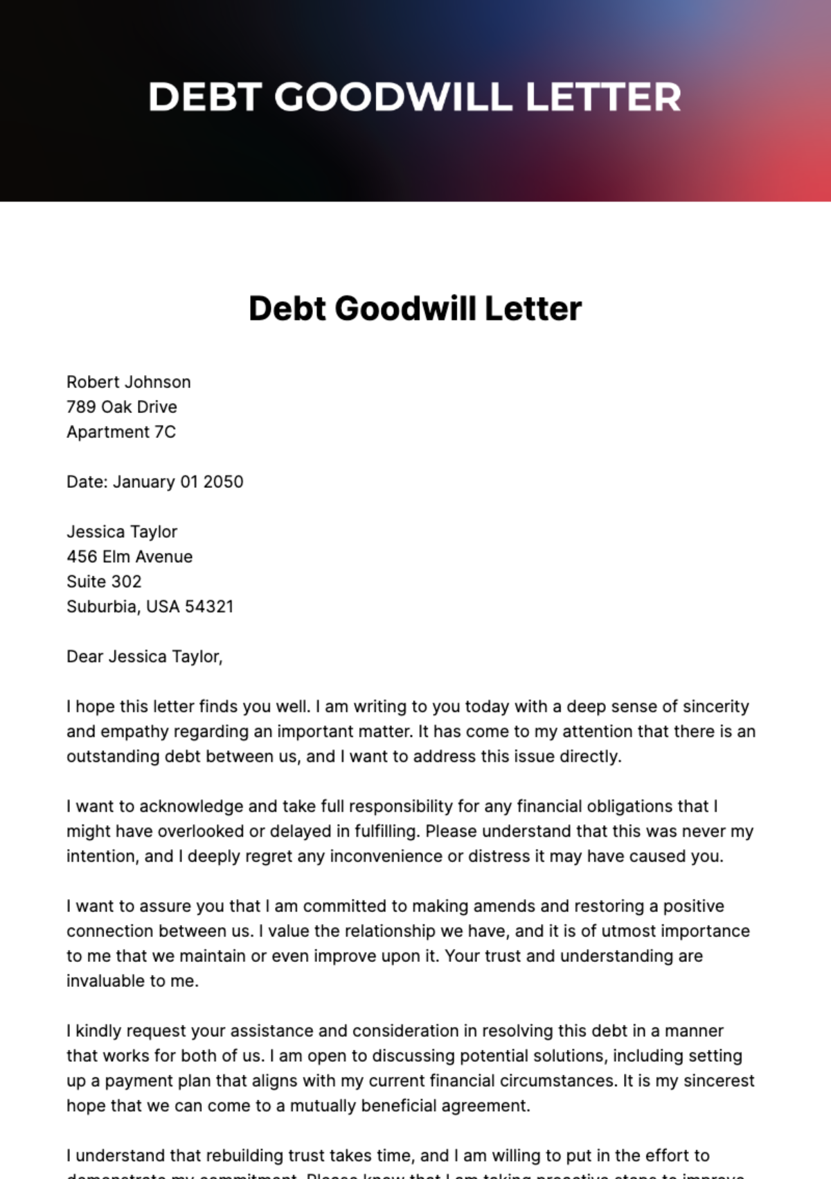 Debt Goodwill Letter Template