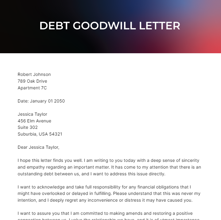 Free Debt Goodwill Letter