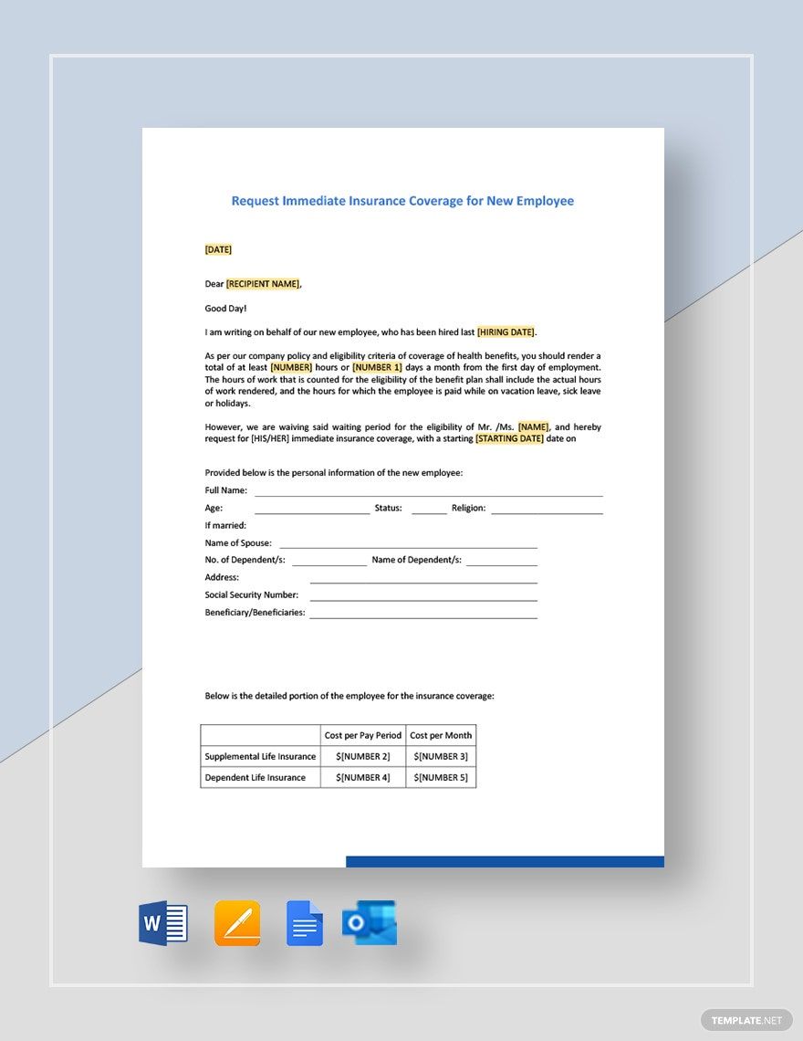 Request Immediate Insurance Coverage For New Employee Template