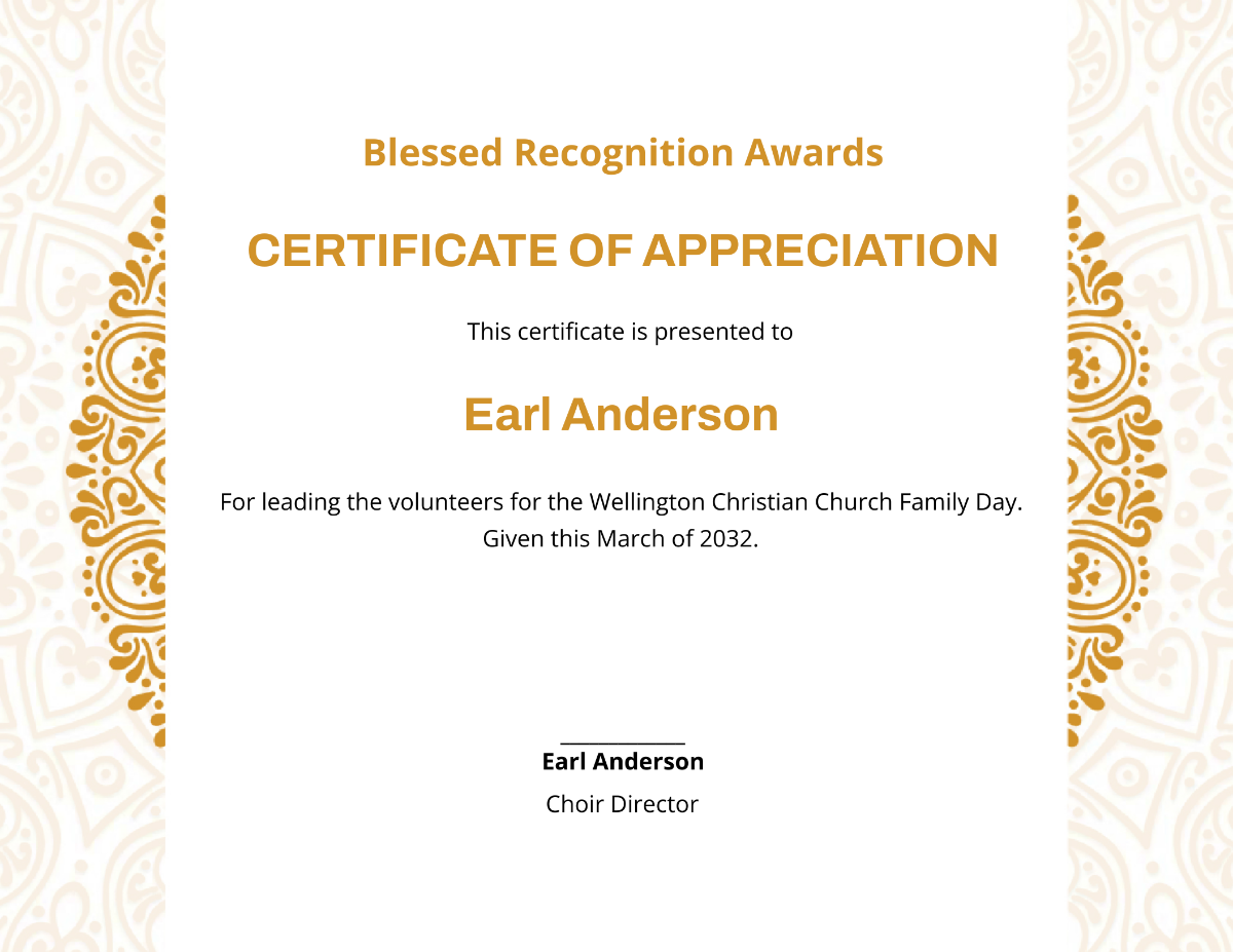 Sample Church Certificate of Appreciation
