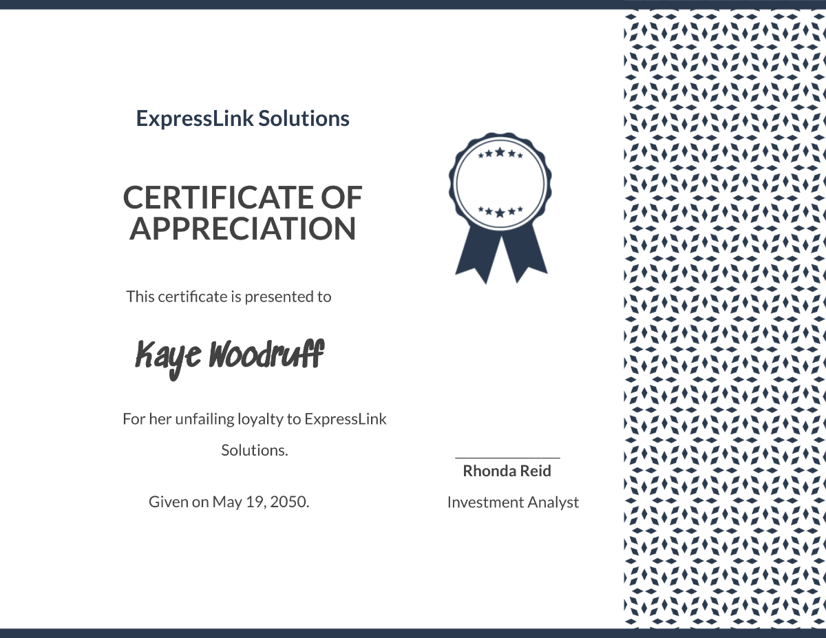 Customer Certificate of Appreciation