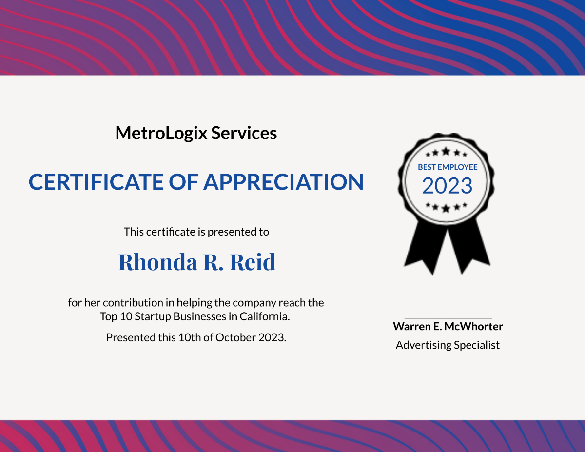 Employee Certificate of Appreciation
