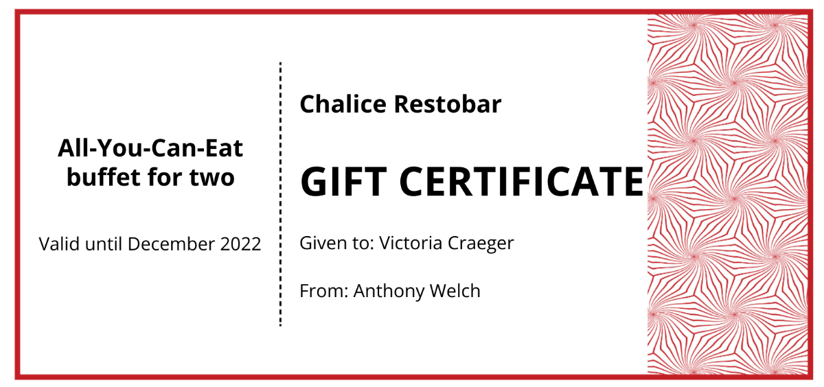 Gift Certificate for Restaurant