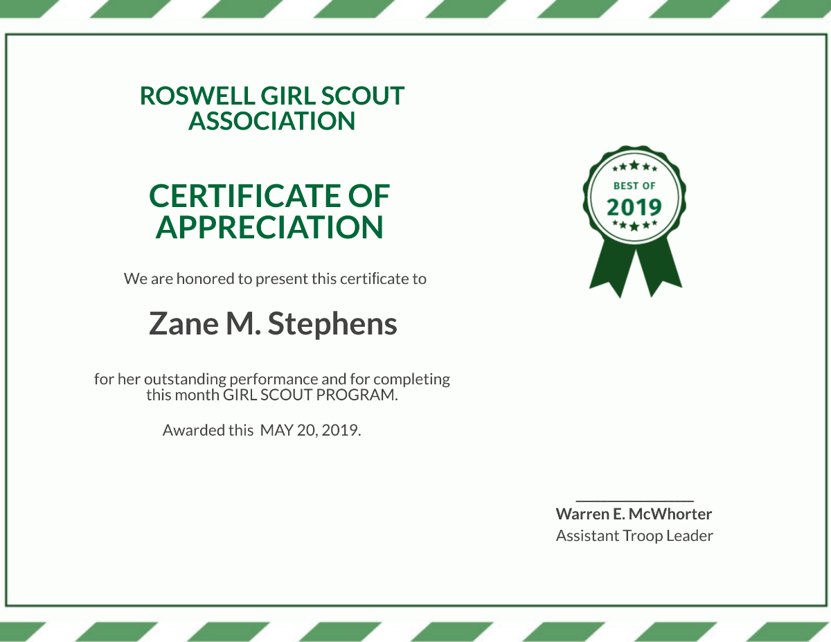 Girl Scout Certificate of Appreciation
