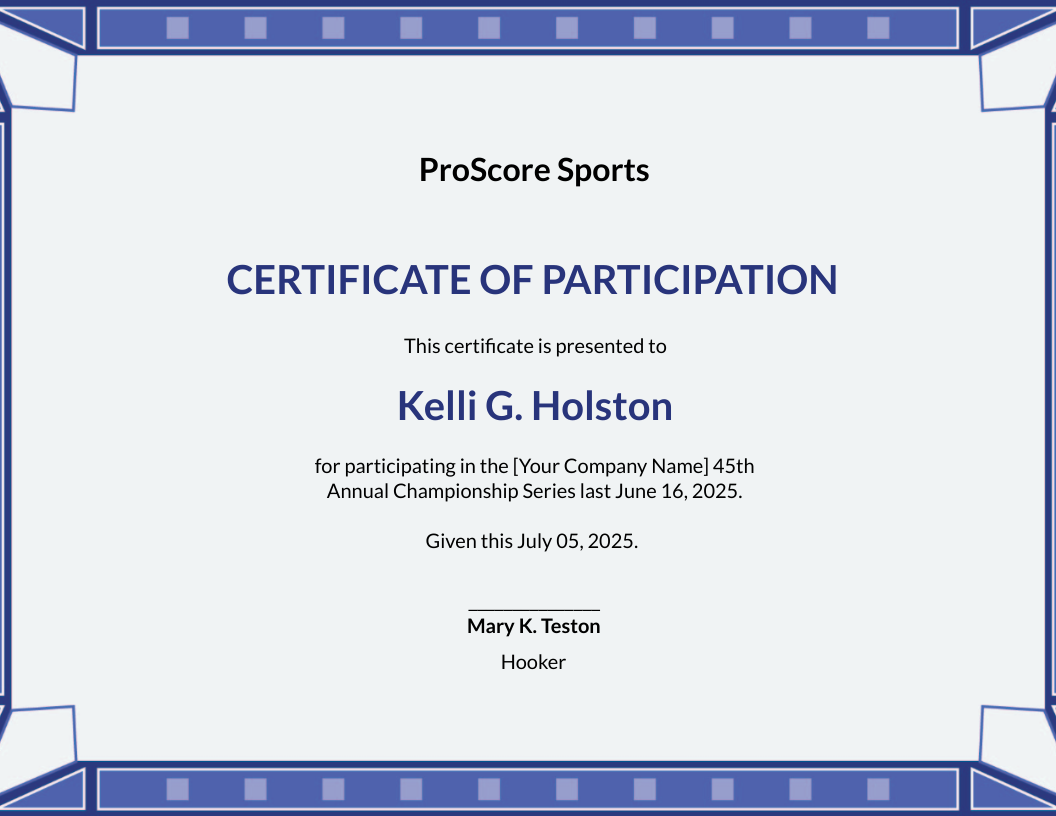 Participation Certificate for Sports
