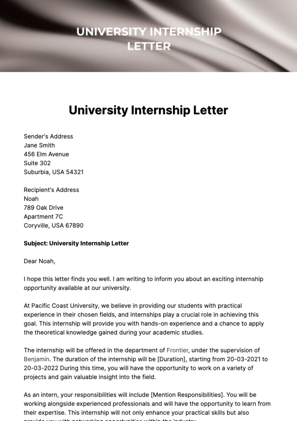 University Internship Letter Template