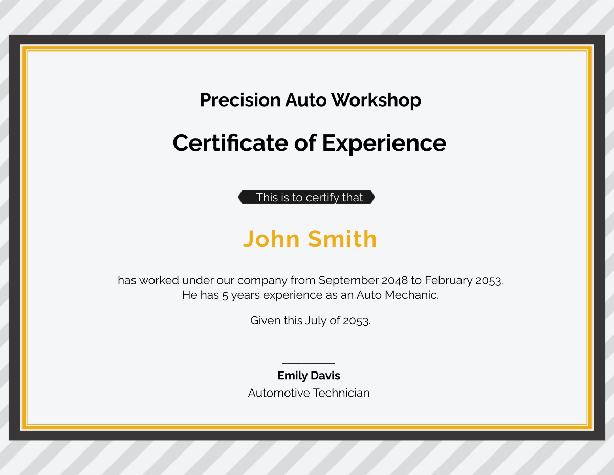 Car Workshop Experience Certificate