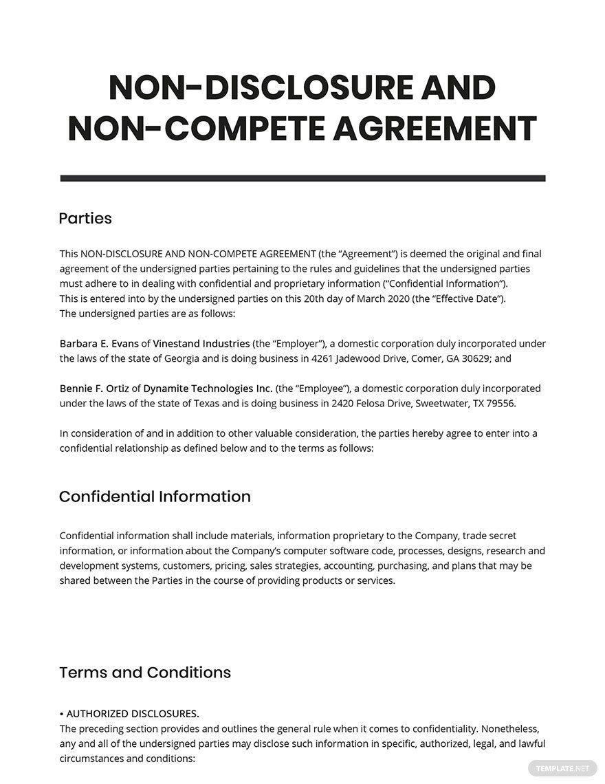 Non-Disclosure And Non-Compete Agreement Template
