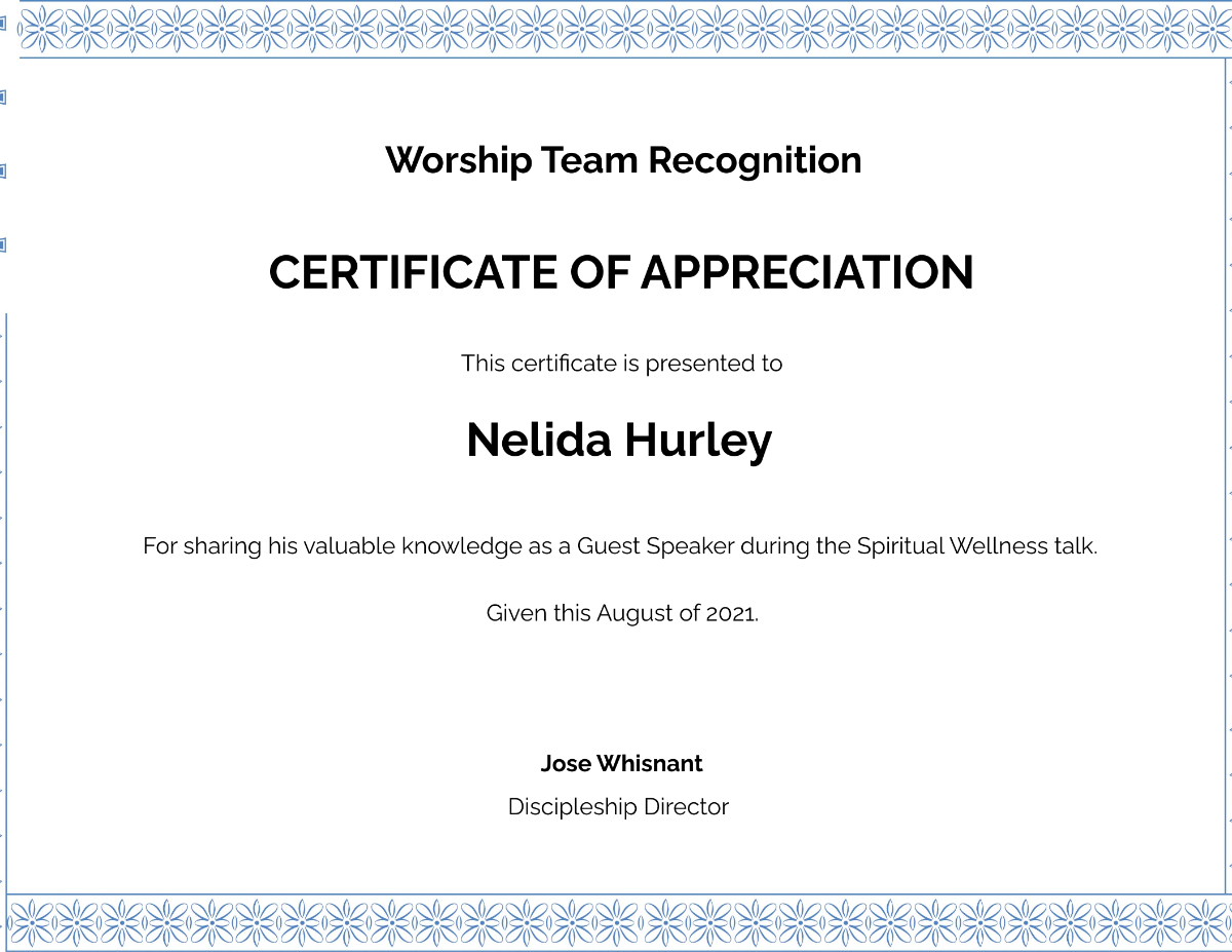 Pastor Appreciation Certificate