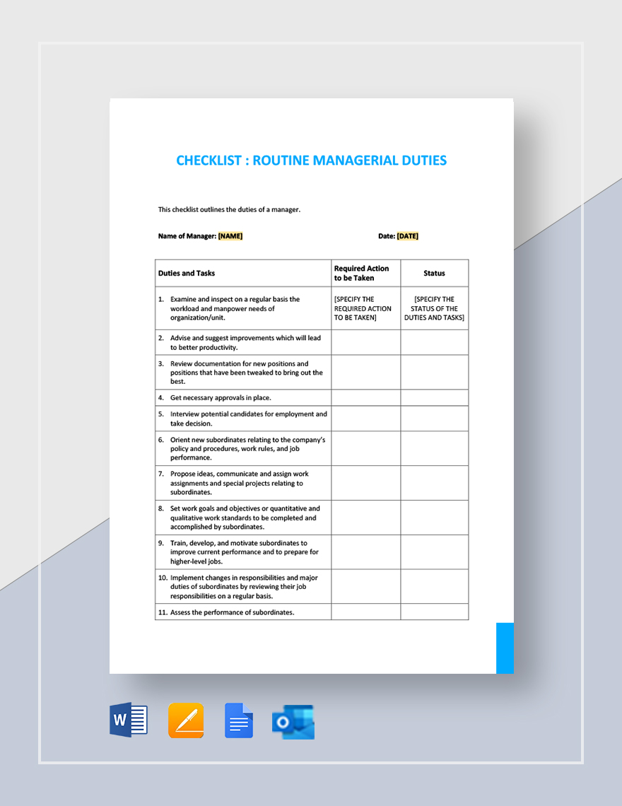 Checklist Routine Managerial Duties Template Google Docs, Word