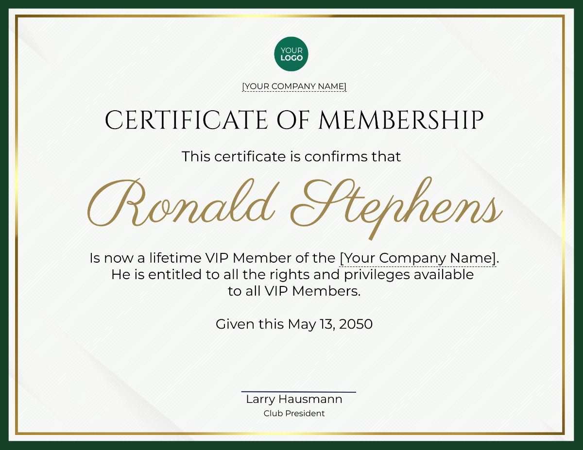 Golf Club Membership Certificate Template