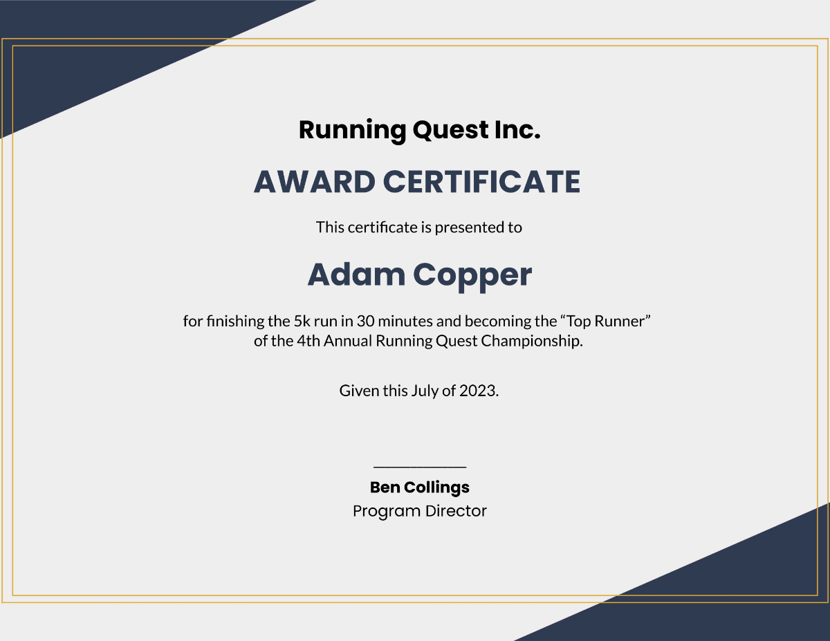 Running Award Certificate