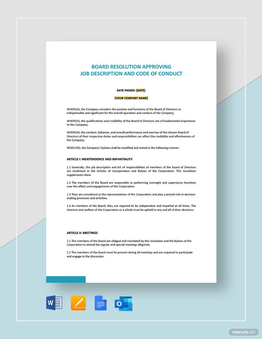 Board Resolution Approving Job Description & Code Of Conduct Template