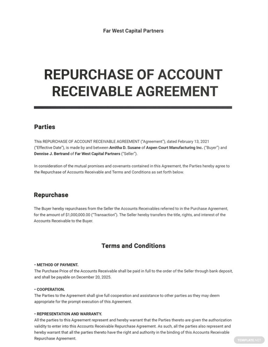 Repurchase Of Accounts Receivable Agreement Template