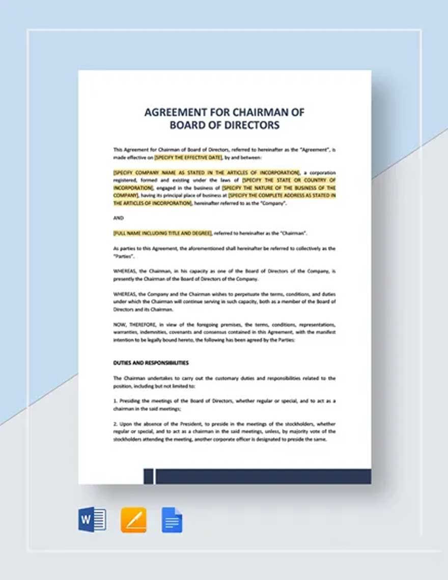 Agreement For Chairman Of Board Of Directors Template
