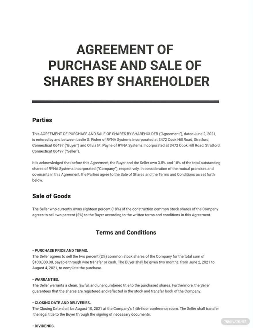 Agreement Of Purchase And Sale Of Shares By Shareholder Template