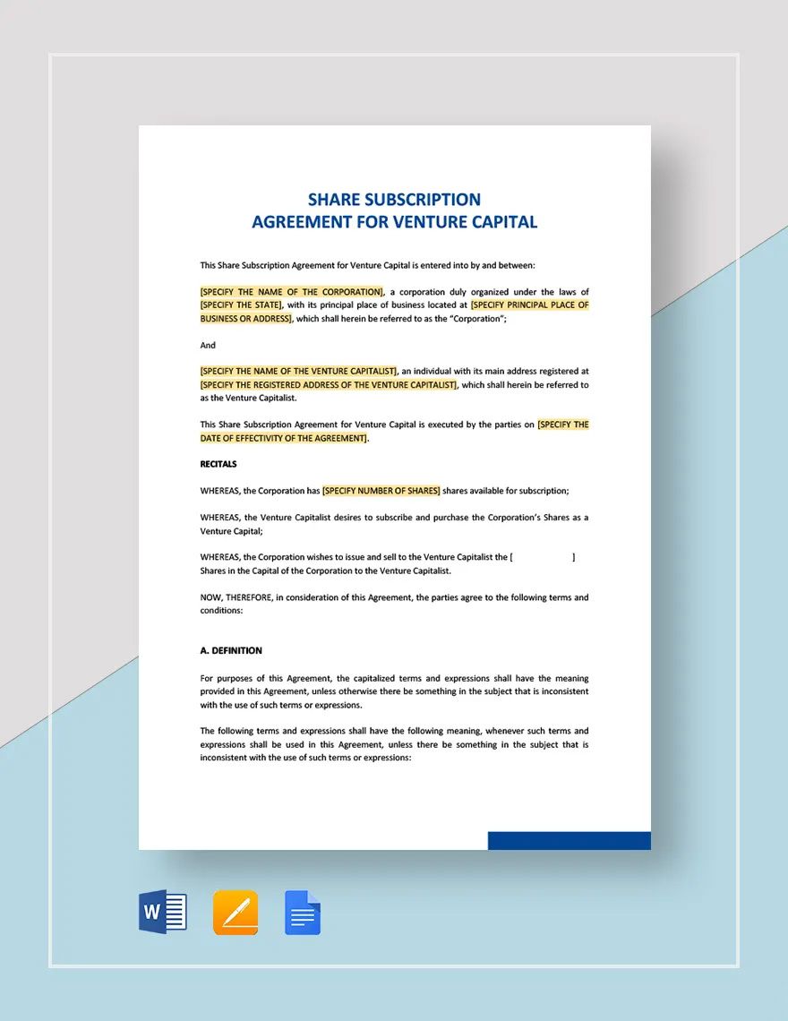 Share Subscription Agreement For Venture Capital Template in Word, Google Docs, Apple Pages